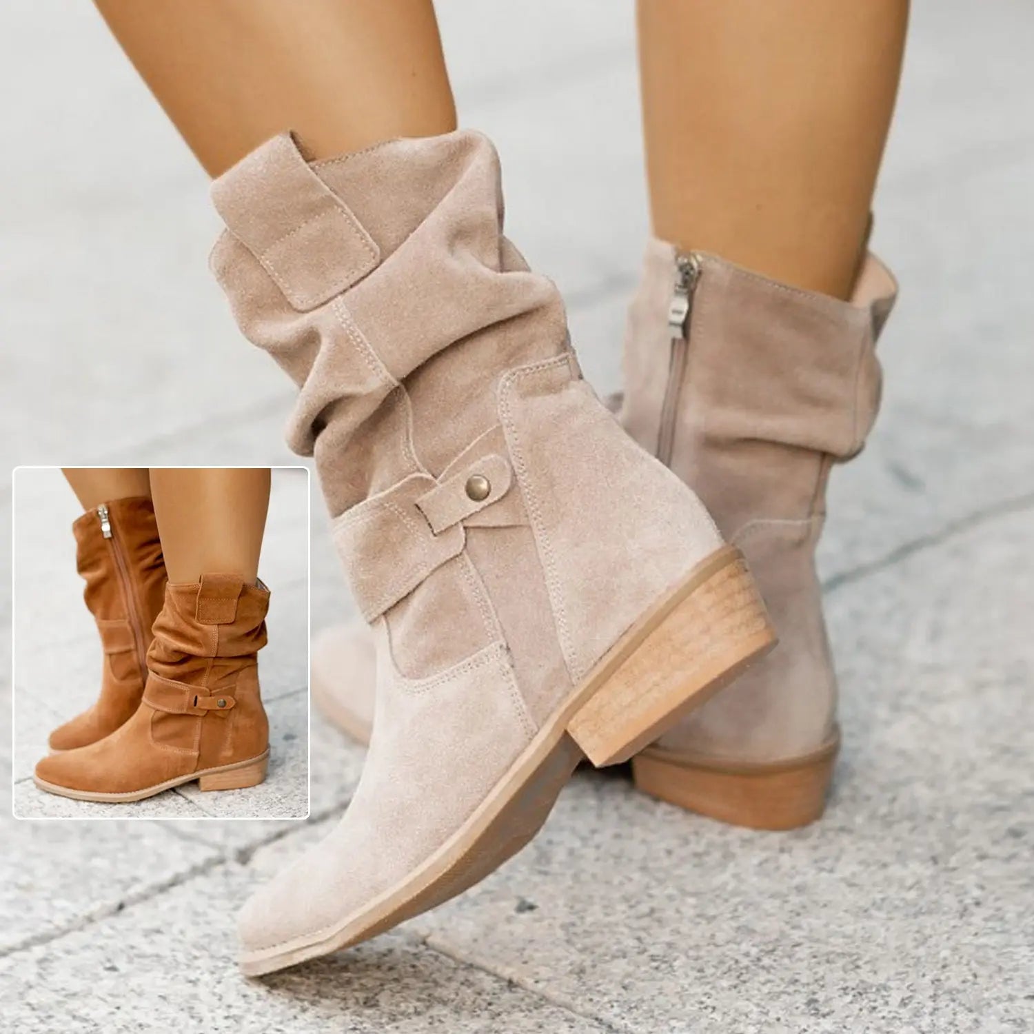 Ins Pointed Toe Mid-calf Boots Fashion Suede Zipper Western Boot Winter Shoes For Women Azzycollection